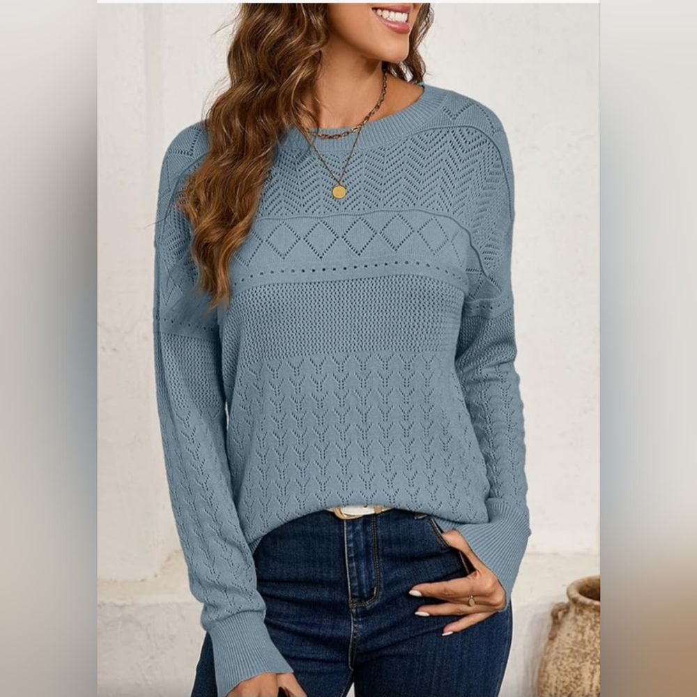 Fall Sweaters Casual Crewneck‎ Long Sleeve Crochet Pullover Sweater Lg